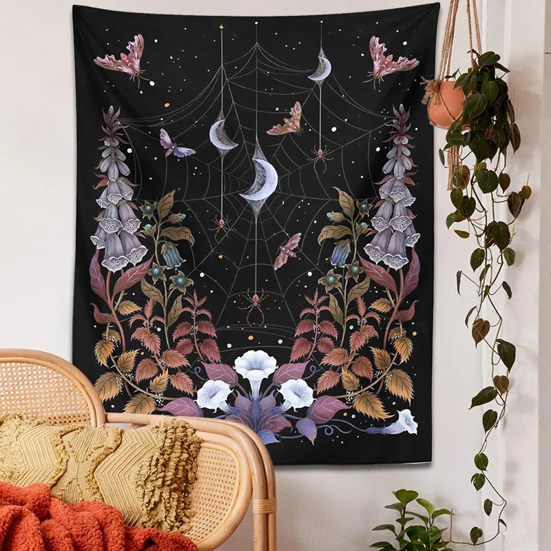 Afralia™ Witch Garden Tapestry Wall Hanging Moon Moth Tarot Psychedelic Decor