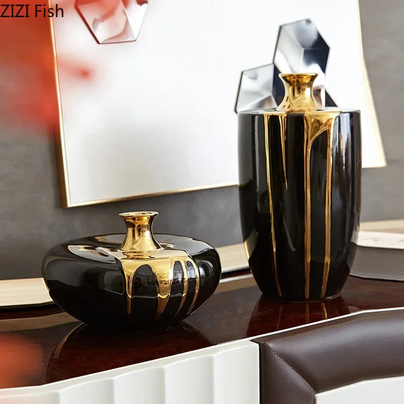 Afralia™ Elegant Black Gold Ceramic Vase for Modern Luxury Flower Decoration