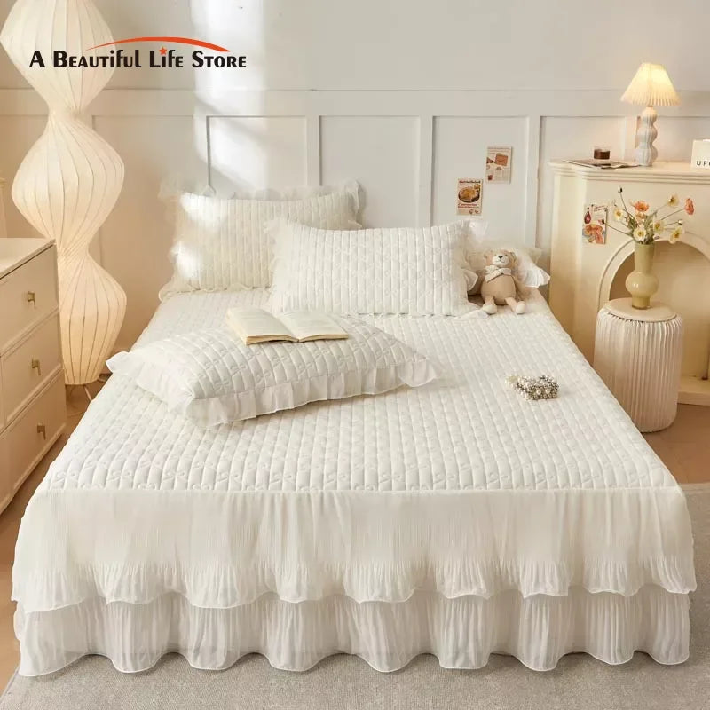 Afralia™ Lace Ruffles Cooling Bed Skirt Set with Pillowcases