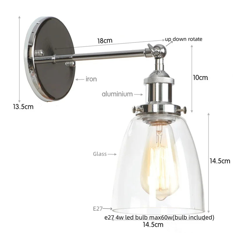Afralia™ Vintage Single Arm LED Wall Lamp Iron Glass Retro Stair Light