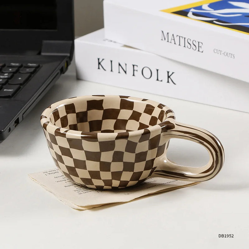 Afralia™ Retro Checkerboard Ceramic Coffee Cup - Personalised High-Looking Mug