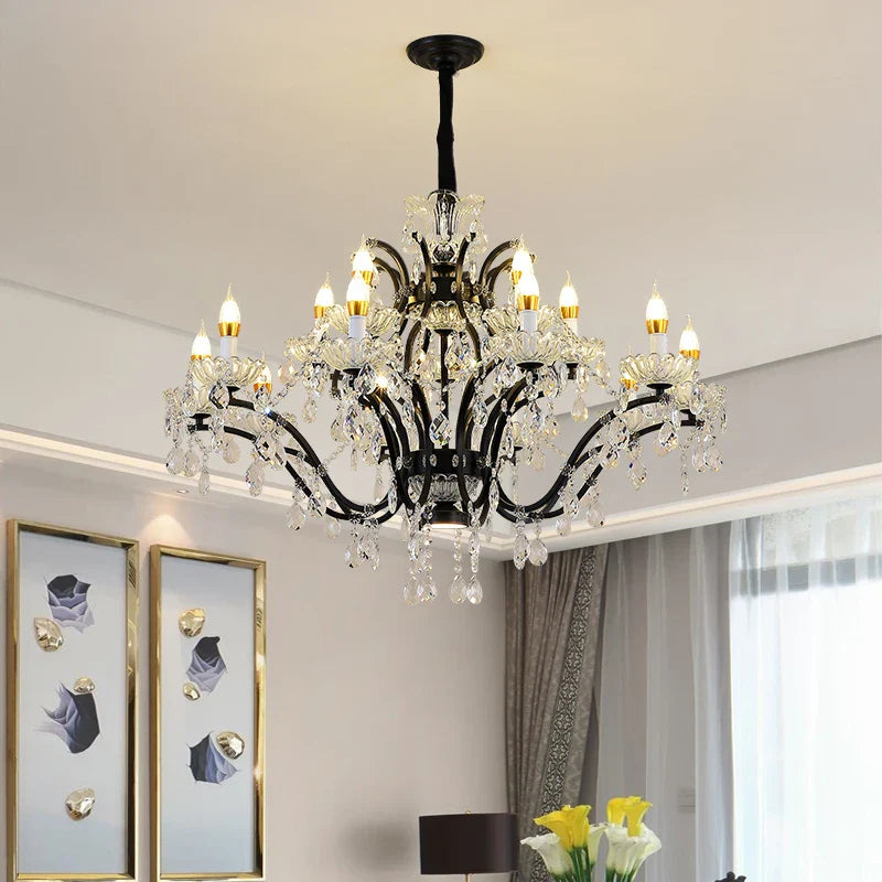 Afralia™ Crystal Candle Chandelier Lighting: Black Pendant Lamps for Dining Kitchen & Farmhouse