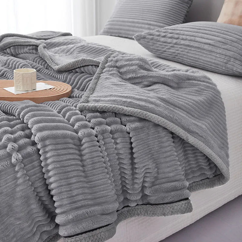 Afralia™ Solid Stripe Faux Rabbit Blanket Flannel for All Seasons, Single Double Bed