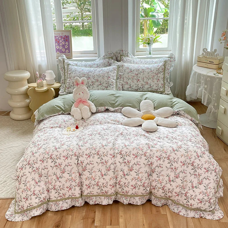 Afralia™ Princess Floral Cotton Bedding Set with Ruffled Edge