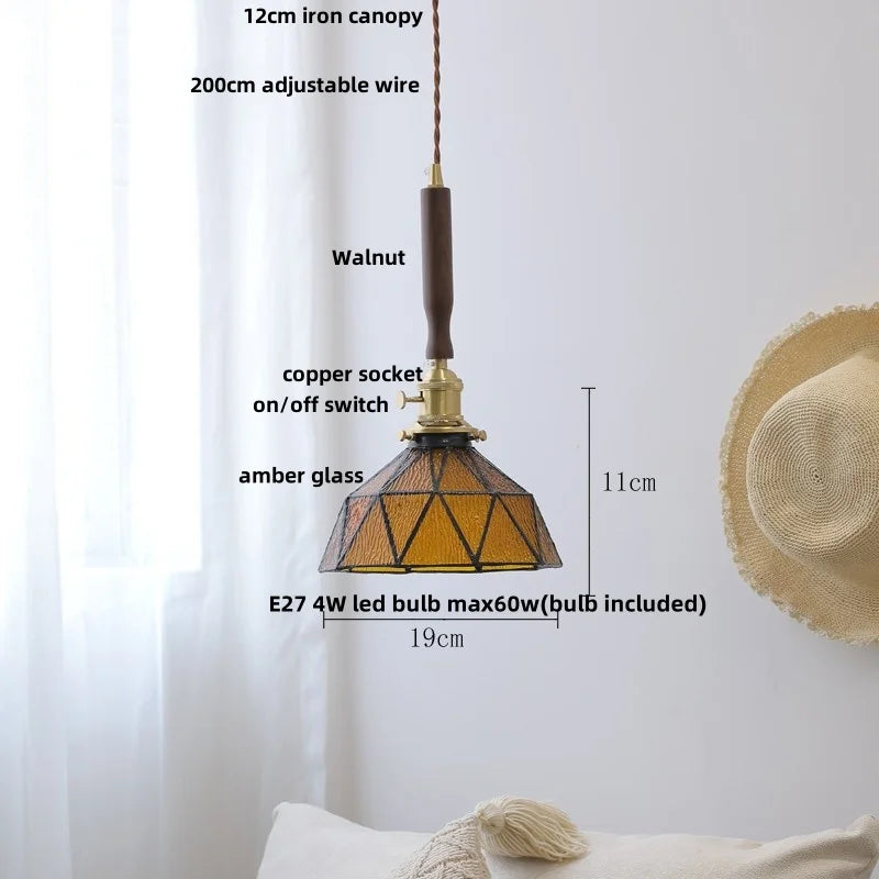 Afralia™ Tiffany Glass LED Pendant Light with Walnut Copper Knob Switch
