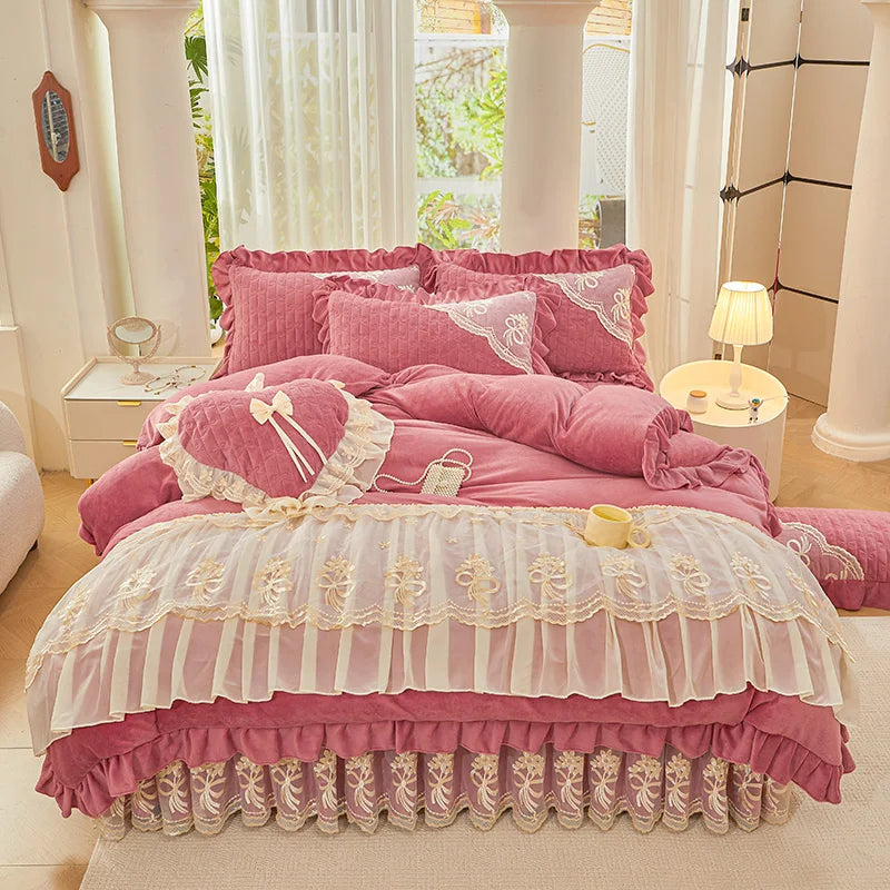 Afralia™ Princess Burgundy Red Velvet Bedding Set - Duvet Cover, Bed Skirt, Bedspread, Pillowcases