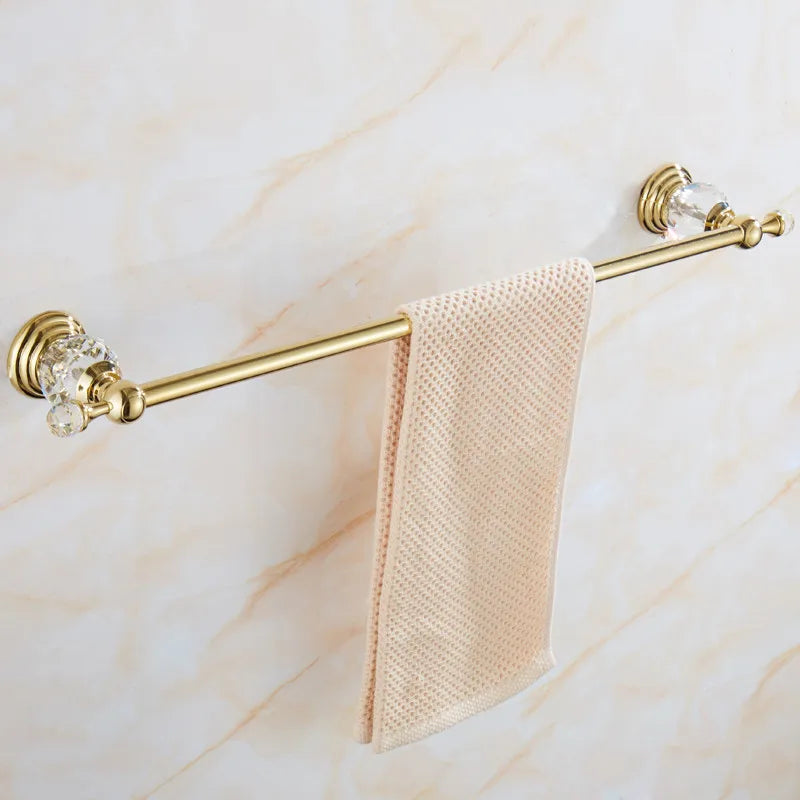 Afralia™ Brass and Crystal Bathroom Accessories Set: Shelf, Robe Hook, Paper Holder, Brush Holder