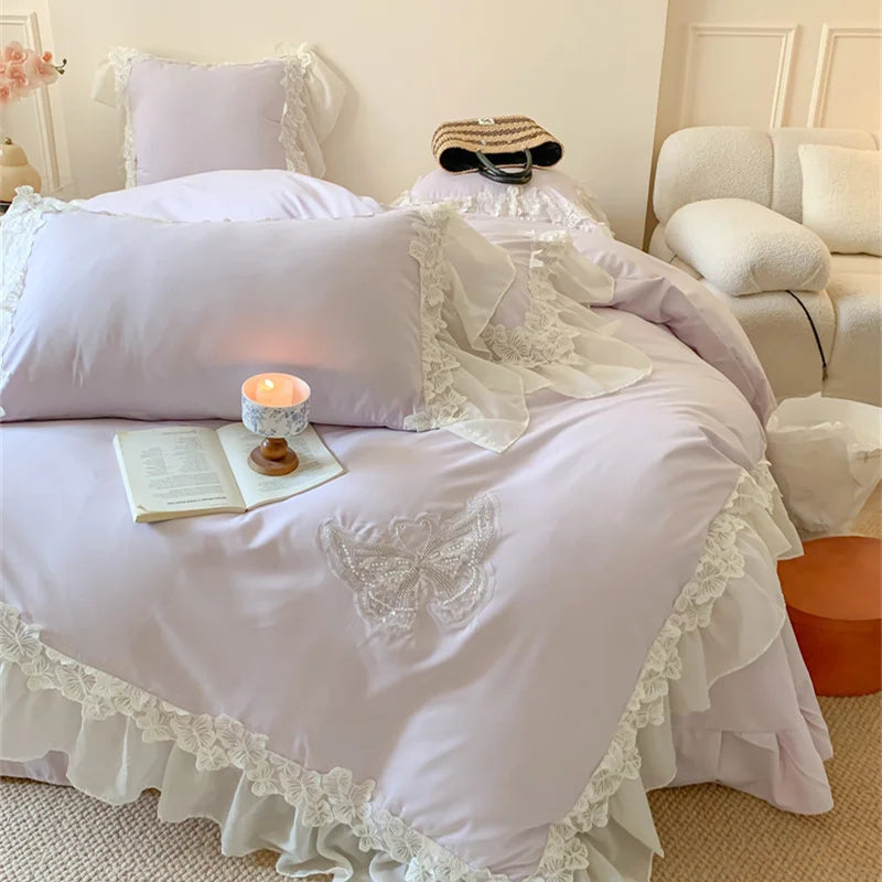 Afralia™ Pink Lace Butterfly Embroidery Bedding Set 4Pcs, Princess Wedding Theme