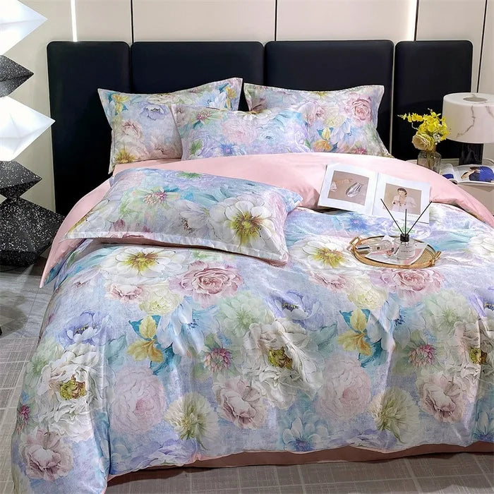 Afralia™ Summer Ice Silk Printed Bedding Set with Lace - Cooling Quilt, Duvet Cover, Pillowcases & Bed Sheet