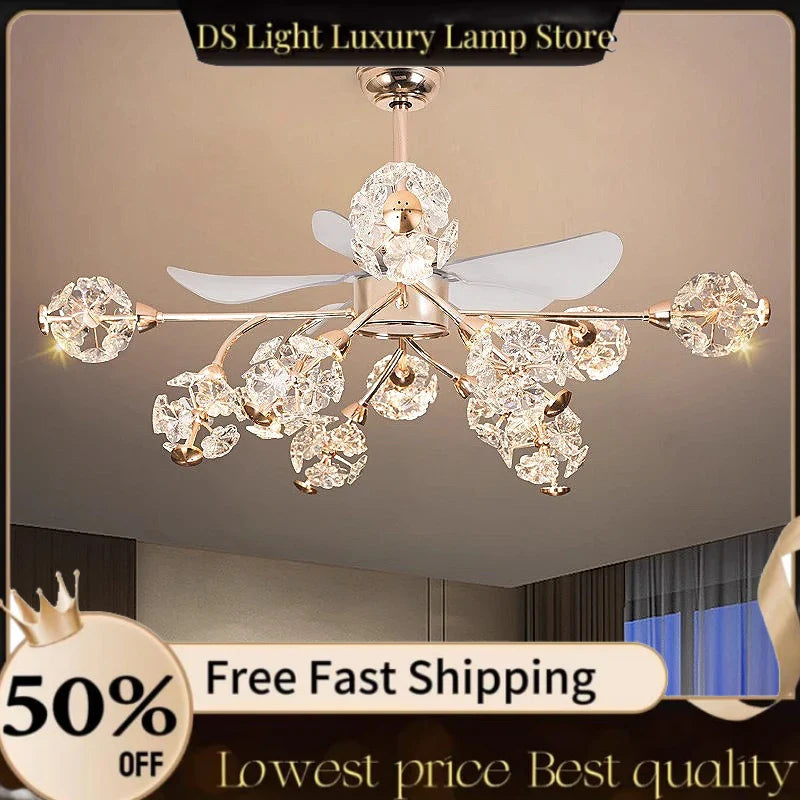 Afralia™ Crystal Chandelier Ceiling Fan with LED Light and Retractable Blades