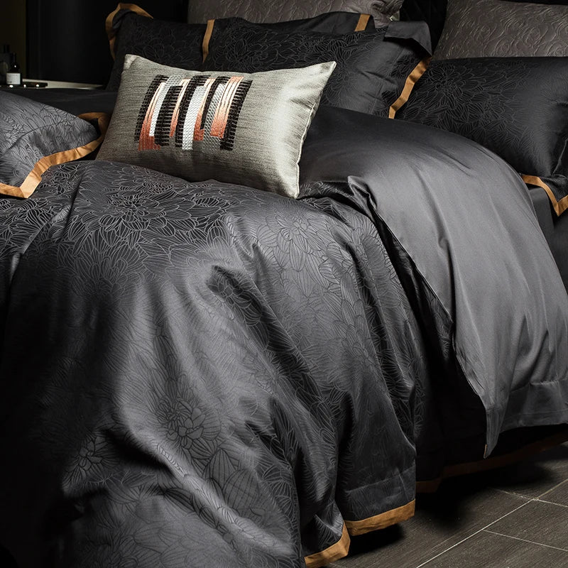 Afralia™ Luxe Dark Grey Vintage 1000TC Egyptian Cotton Bedding Set, Jacquard, Queen/King