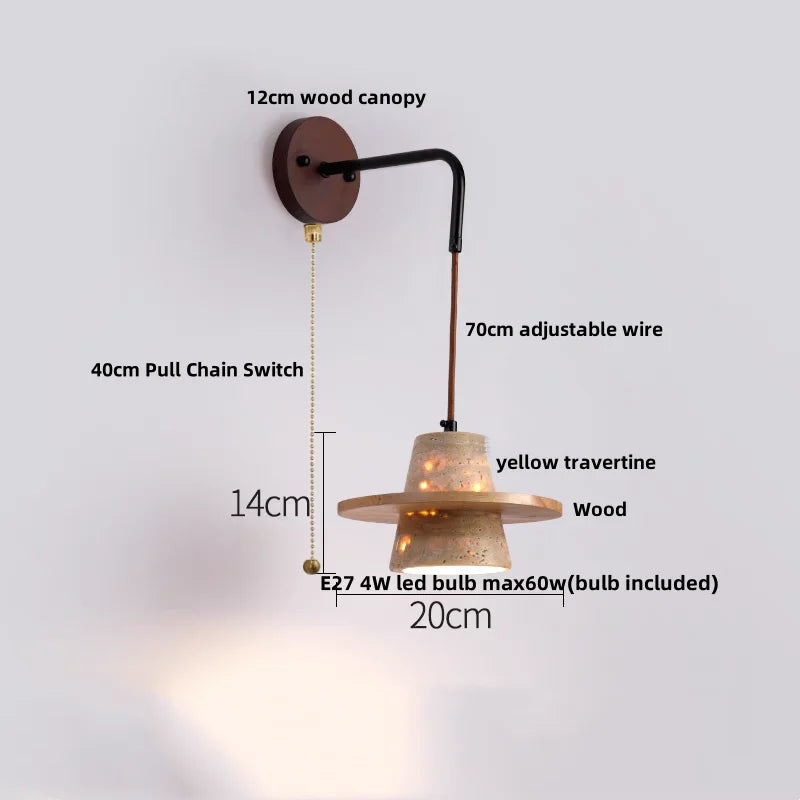 Afralia™ Modern Copper LED Wall Light with Pull Chain Switch & Yellow Travertine Stone