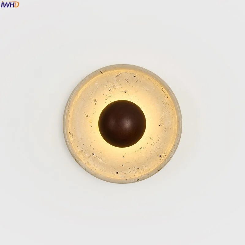 Afralia™ Vintage LED Wood Wall Light Yellow Travertine Mirror Decoration Bedroom Lamps