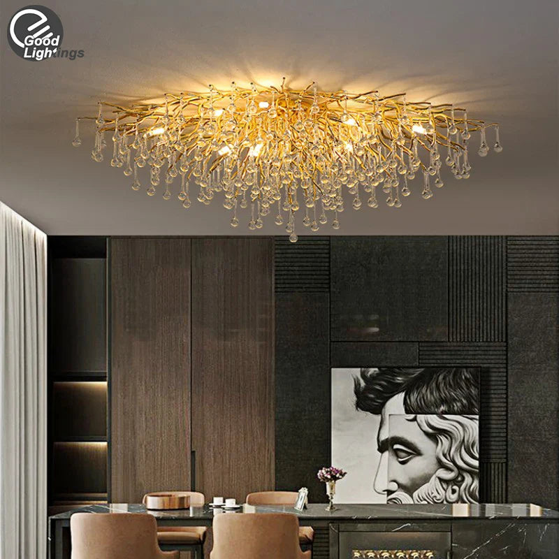 Afralia™ Crystal Teardrop Gold Ceiling Chandelier for Elegant Living Room Bedroom Dining Kitchen