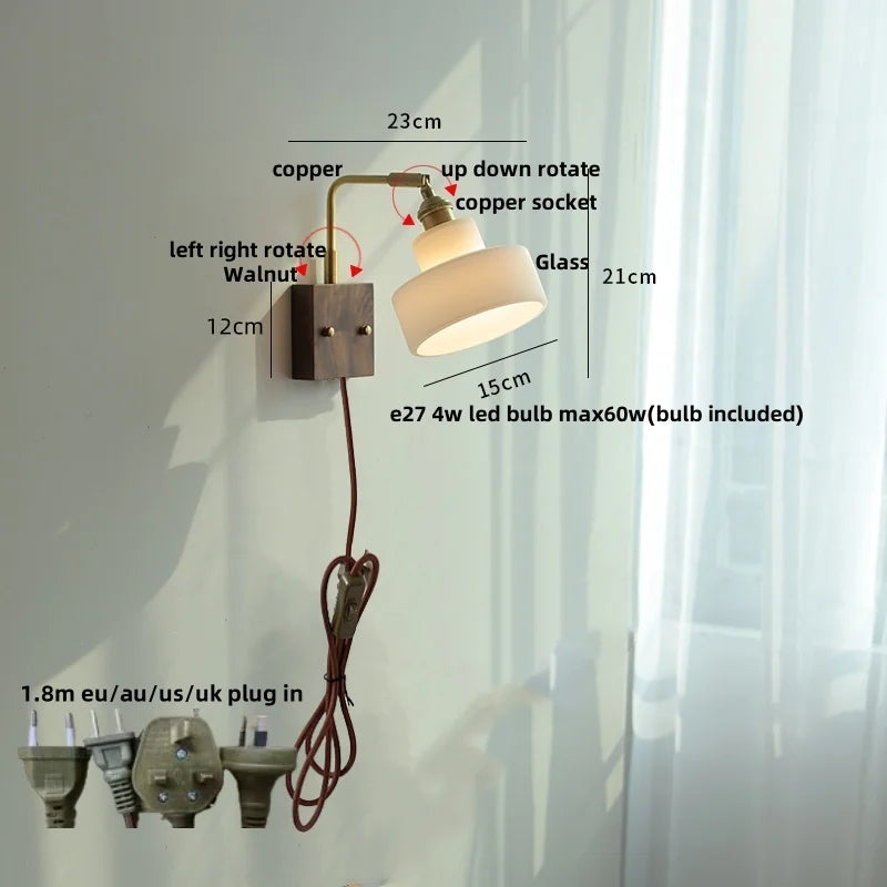 Afralia™ White Glass LED Wall Light Fixture Walnut Wood Brass Pull Chain Switch