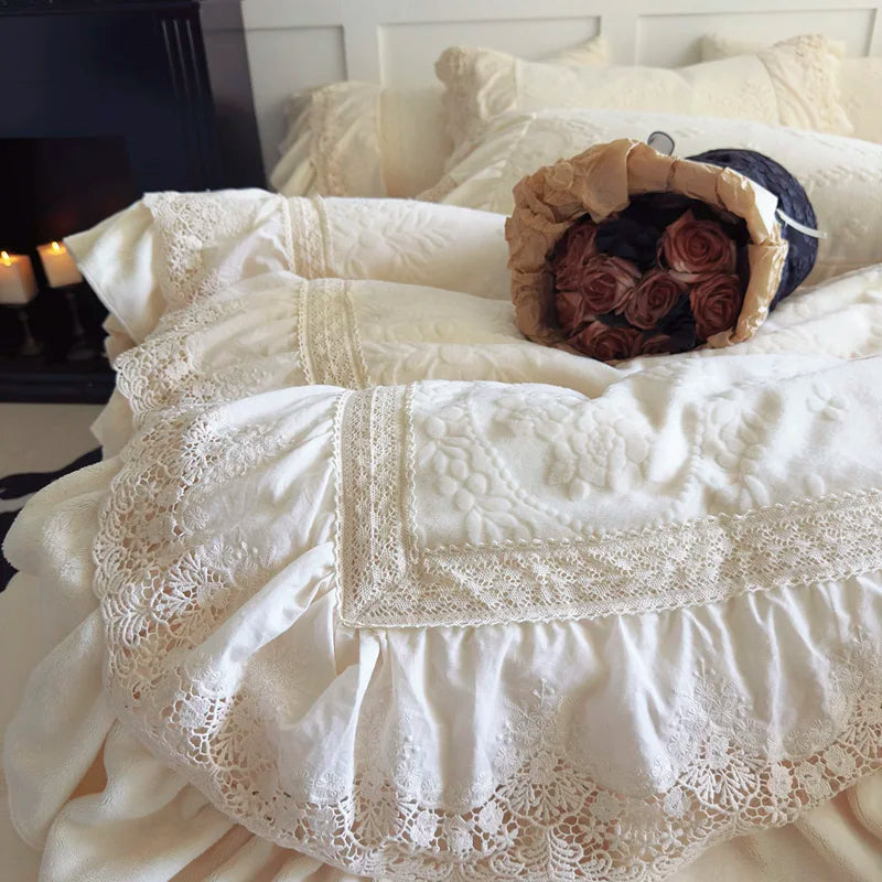 Afralia™ Lace Ruffles Velvet Wedding Bedding Set with Carved Details