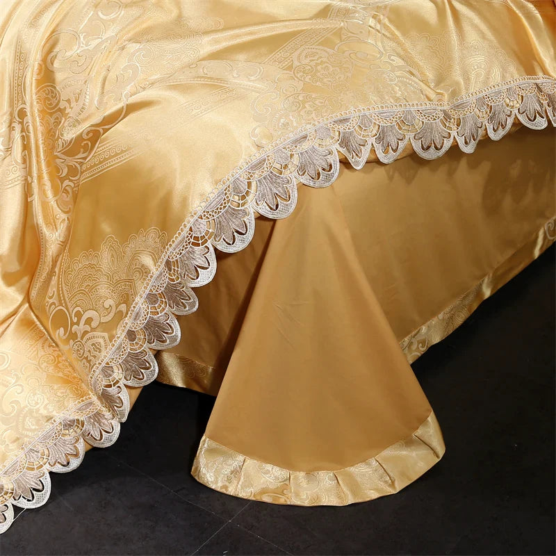 Afralia™ Golden Jacquard Cotton Lace Bedding Set - Silky Soft Duvet Cover, Flat Sheet, Pillowcase