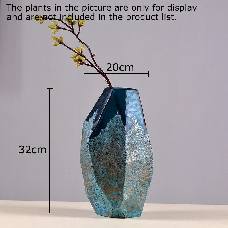 Afralia™ Modern Blue Glass Vase Geometric Texture Desk Decor Flowers Arrangement