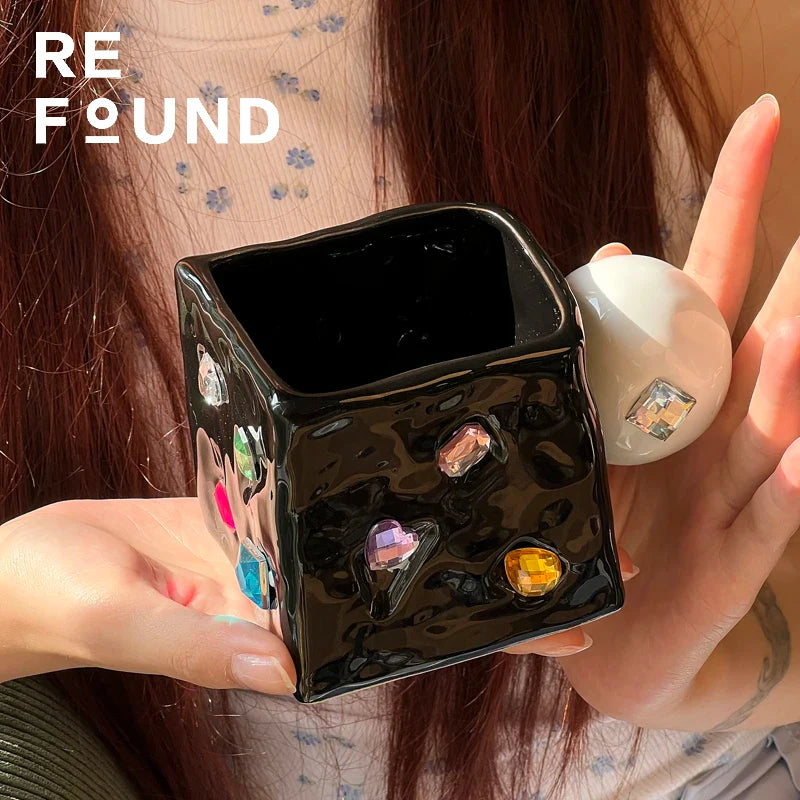 Afralia™ Diamond Ceramic Square Americana Coffee Mug Set - Handcrafted Jewelry Inspired Drinkware