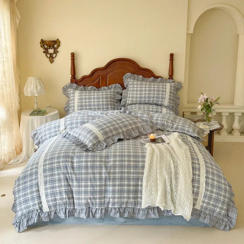 Afralia™ Plaid French Pastoral Cotton Bedding Set Full Queen King Size