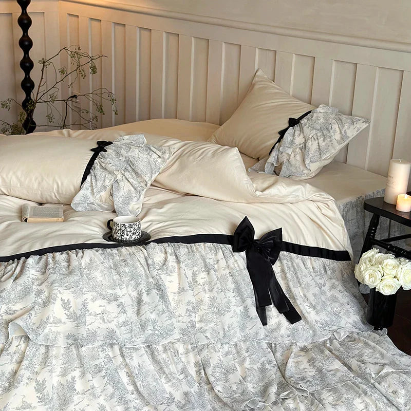 Afralia™ Lace Ruffles Bow Princess Bedding Set: Egyptian Cotton Duvet Cover, Bedskirt, Bedspread, Pillowcases