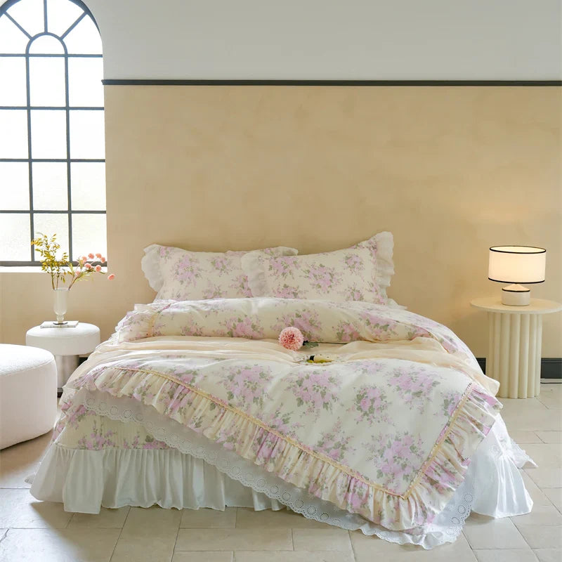 Afralia™ Pure Cotton Floral Quilted Bedding Set with Lace Ruffles