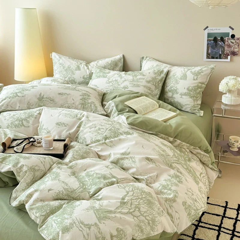 Afralia™ Forest Plant Ink Print Cotton Bedding Set: Duvet, Sheet, Pillowcases - Single to King