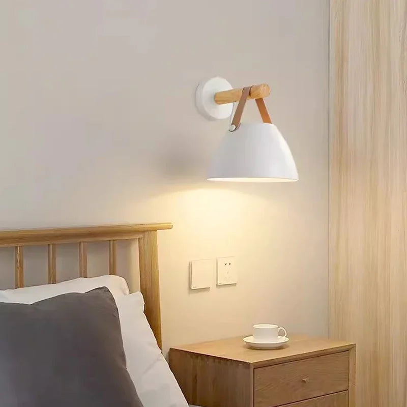 Afralia™ Wooden LED Wall Lamps with Leather Belt Iron Head Sconces for Indoor Decor