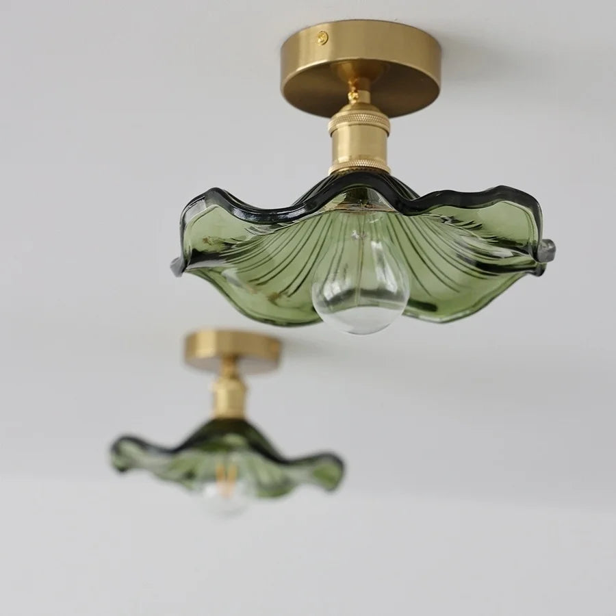 Afralia™ Glass Lotus Leaf LED Ceiling Light with Copper Knob Switch for Modern Nordic Style