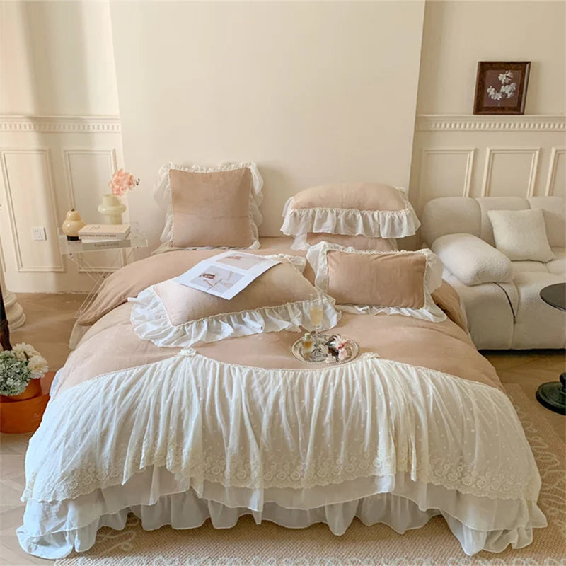 Afralia™ French Princess Velvet Bedding Set, Queen Size with Lace Ruffles