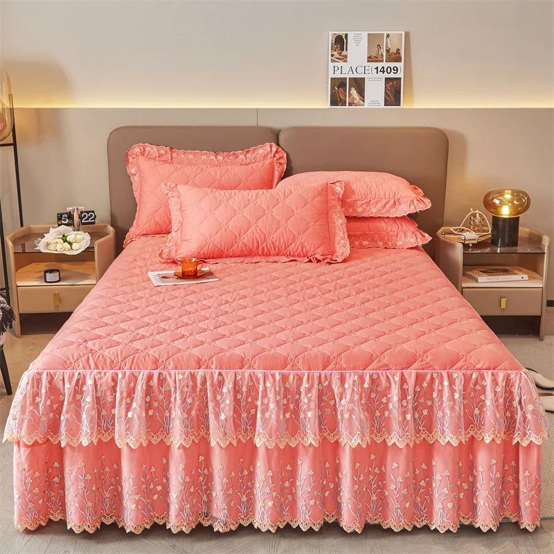 Afralia™ Cotton Lace Ruffles Quilted Bed Skirt Set with Pillowcases