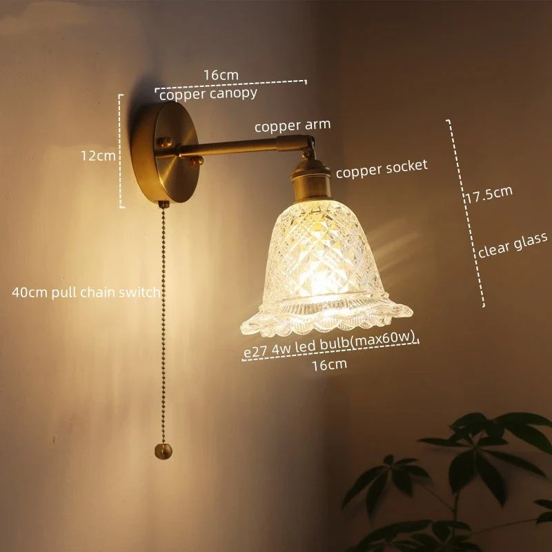 Afralia™ Vintage Copper Glass LED Wall Light with Pull Chain Switch for Dining Room Bedroom