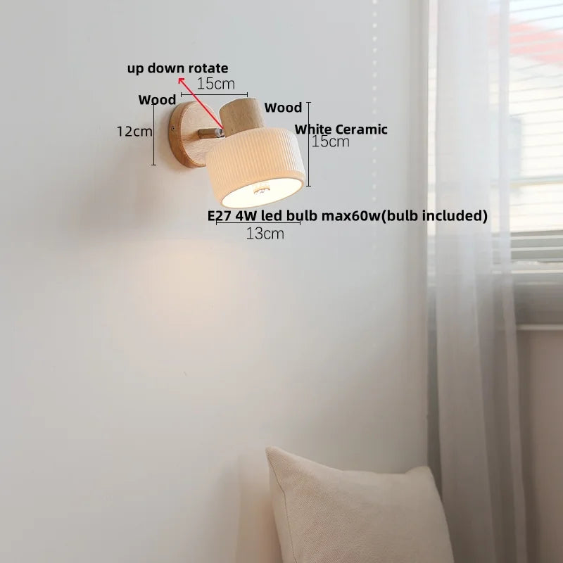 Afralia™ Ceramic LED Wall Lights with Pull Chain Switch, Modern Wood Base Bedside Lamp