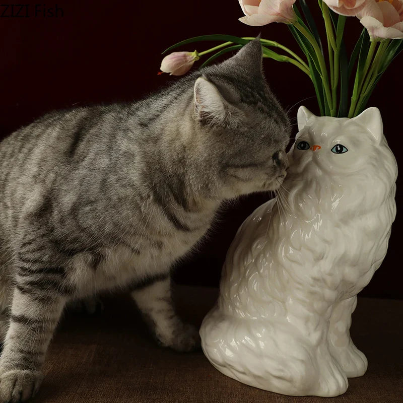 Afralia™ Ceramic White Cat Vase for Desk Decor and Artificial Flowers Arrangement