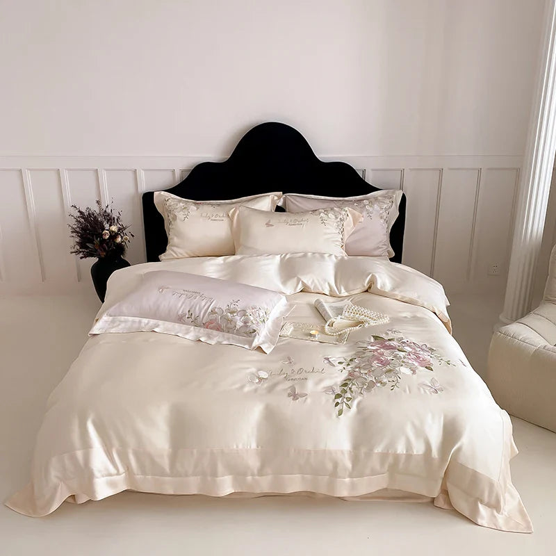 Afralia™ Butterfly Flowers Embroidery Bedding Set 800TC Soft Silky Duvet Cover Set