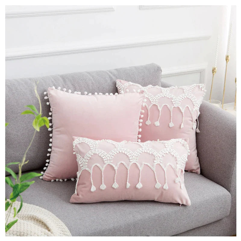 Velvet Lace Pillowcase Pink Beige Romantic French Lace Pillow Covers by Afralia™