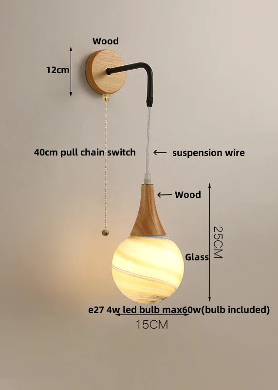 Afralia™ Wood LED Wall Lamp with Pull Chain Switch for Living Room, Dining Room, Bathroom