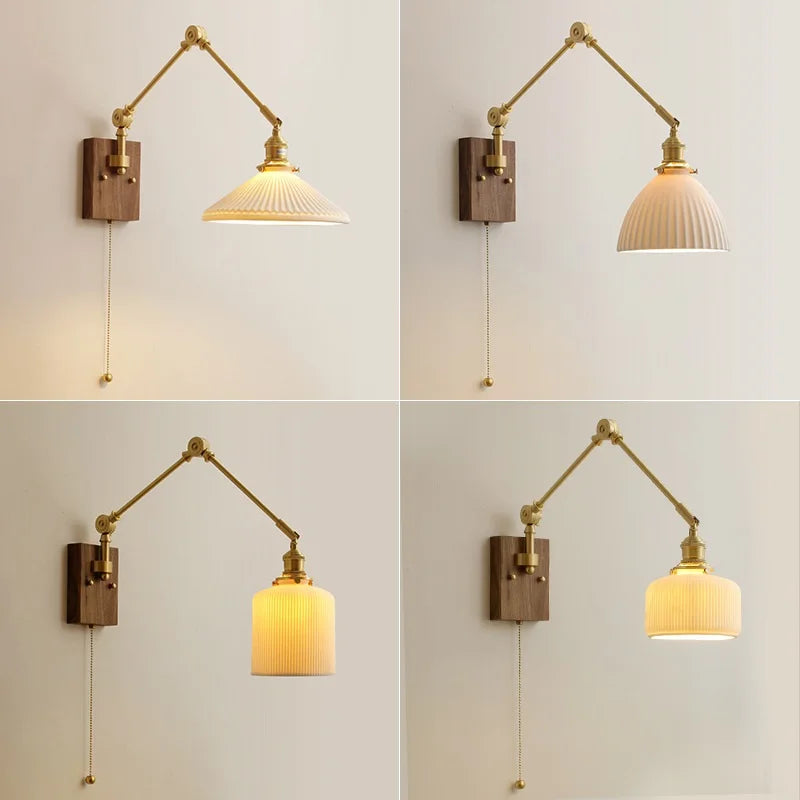 Afralia™ Copper Swing Arm LED Wall Sconce Pull Chain Switch Rotate Walnut Canopy