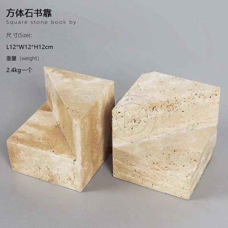 Afralia™ Yellow Beige Travertine Stone Bookends - Wabi-sabi Style Desktop Ornaments