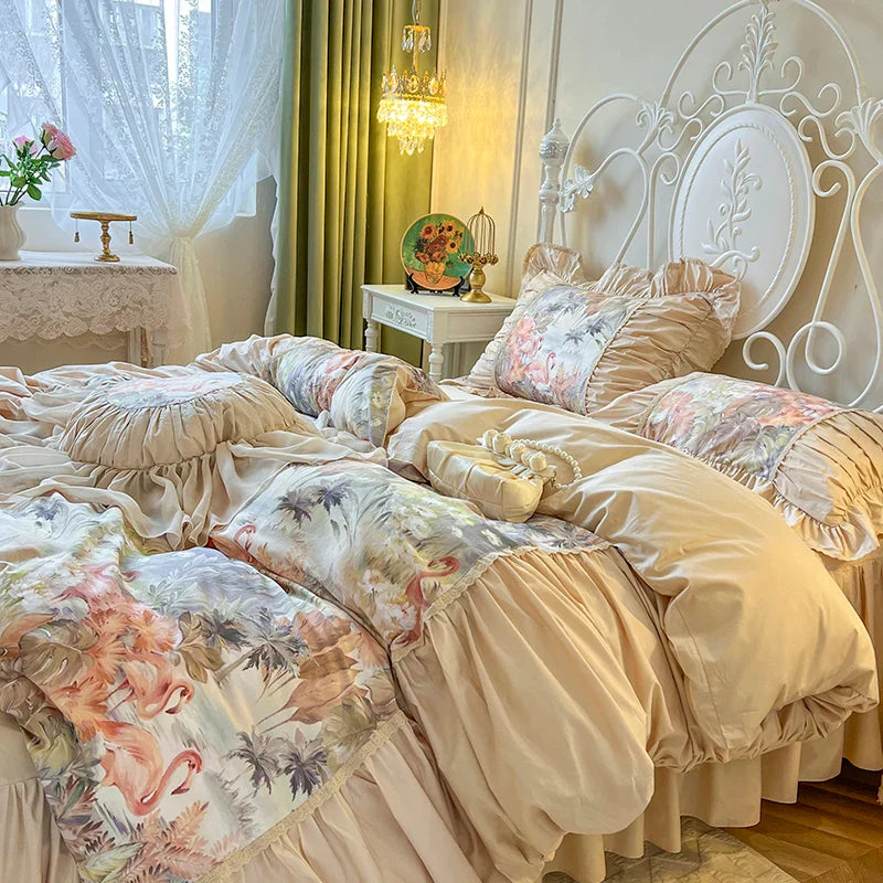 Afralia™ Tropical Leaves Botanical Print Bedding Set with Ruffles, French Vintage Flamingo Duvet Cover