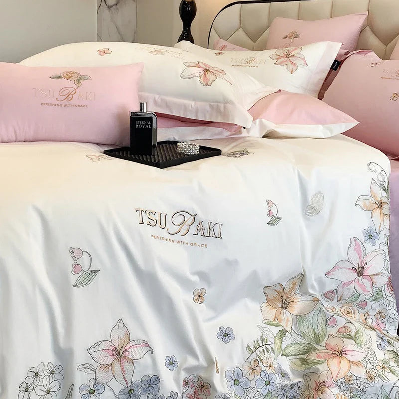 Afralia™ Flowers Embroidery 100% Egyptian Cotton Bedding Set, White/Pink
