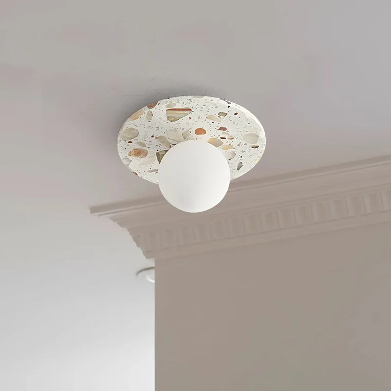 Afralia™ Terrazzo Stone LED Ceiling Light with White Glass Ball - Wabi Sabi Flush Mount