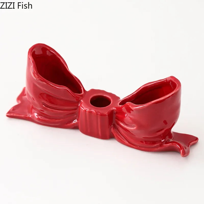 Afralia™ Bowknot Ceramic Candle Holder Desk Decoration Romantic Candlestick Aesthetic Decor