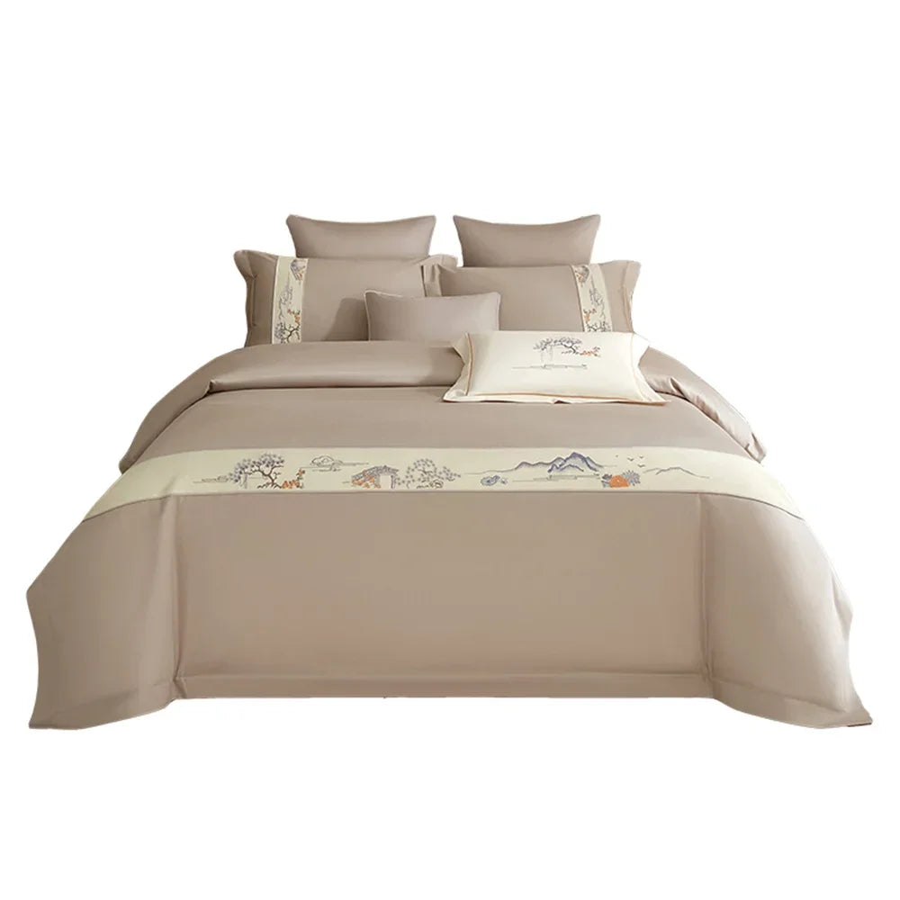 Afralia™ Pink Satin Jacquard Lotus Duvet Set 4Pcs Queen King Bedlinens