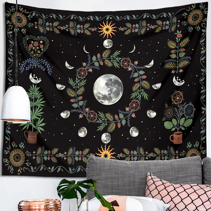 Afralia™ Celestial Moon Phase Floral Tapestry Wall Hanging