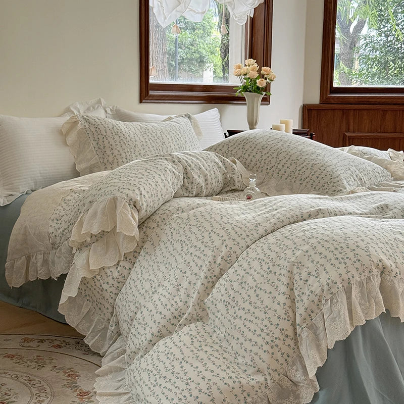 Afralia™ Elegant Floral Lace Ruffles Bedding Set with Double Yarn - Soft Cotton Blend
