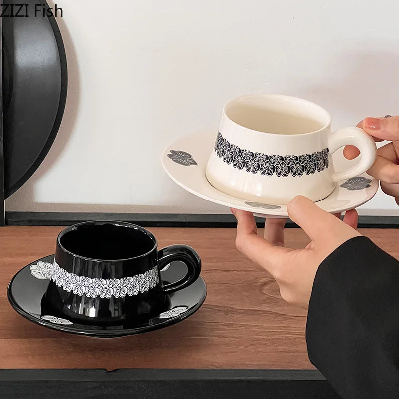 Afralia™ Black Flower Porcelain Cup & Saucer Set, Elegant Coffee Mug for Dining & Afternoon Tea