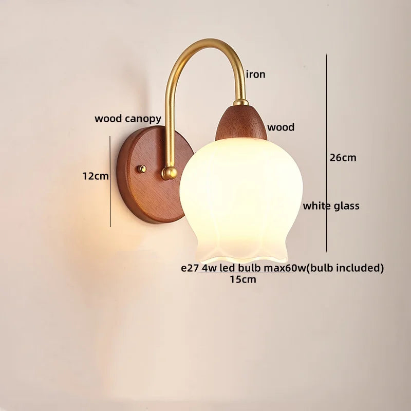 Afralia™ Wood Glass LED Wall Light Modern Bedside Lamp for Living Room & Bedroom