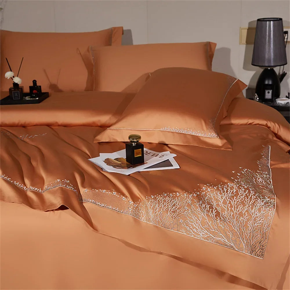 Afralia™ Jacquard Embroidery Egyptian Cotton Satin Bedding Set with Elastic Sheet