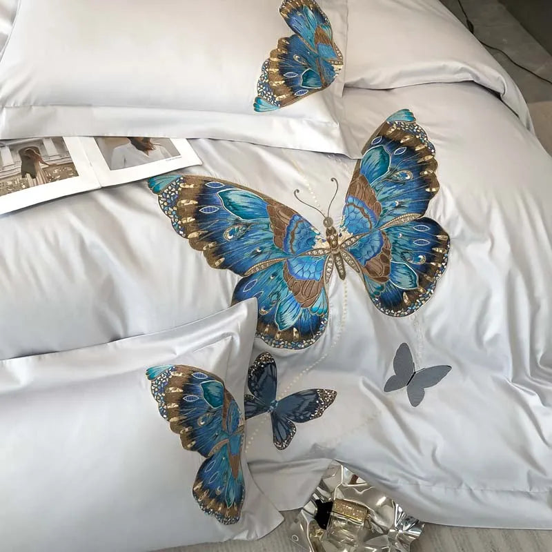 Afralia™ Butterfly Embroidery Bedding Set: King/Queen/Ru Size Bed Linens, Sheet, Pillowcase, Comforter Cover